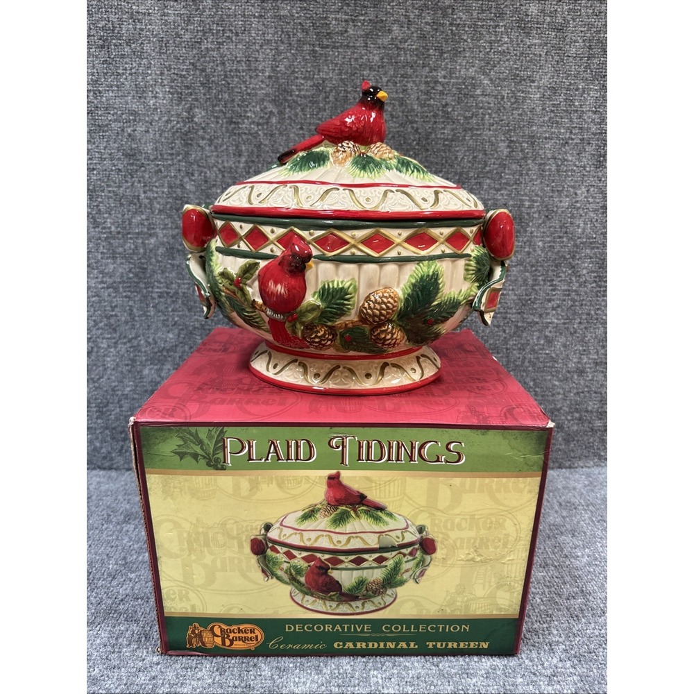 Cracker Barrel Cardinal Soup Tureen Plaid Tidings Christmas Holiday Bird